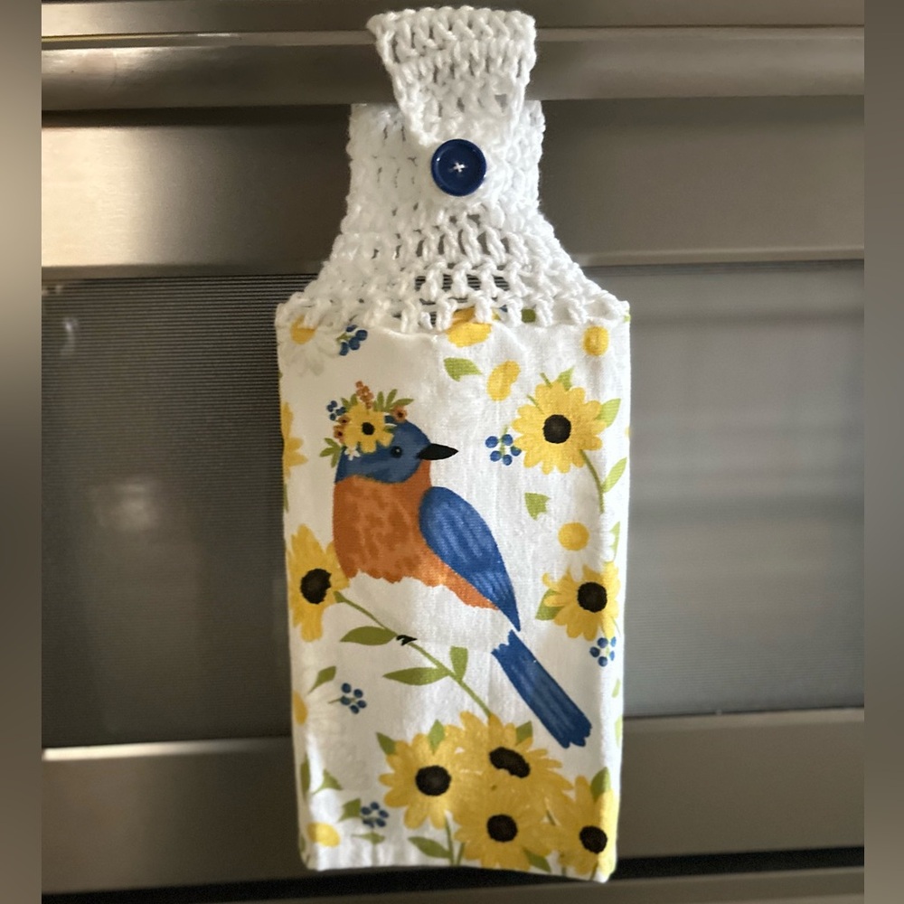 Hand Crafted Floral Blue Bird Hanging Kitchen Hand Towel Crochet Top - Picture 6 of 8